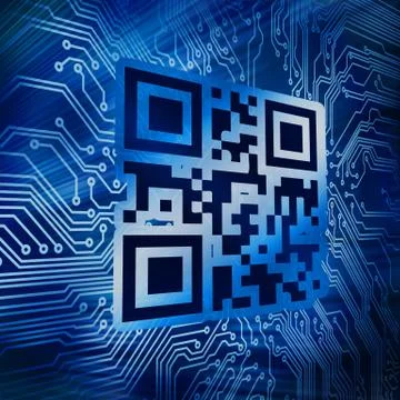 Qr code standing in front of circuit board Stock Illustration