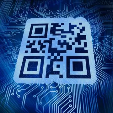 Qr code standing in front of futuristic background Stock Illustration