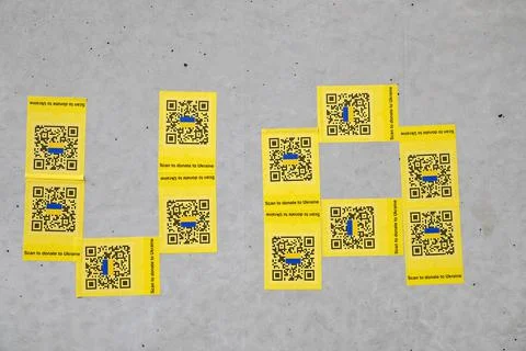 QR Code Stickers Donate To Ukraine At Amsterdam The Netherlands 14-3-2022 Stock Photos