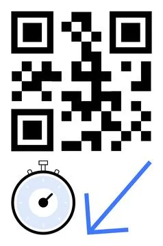 QR Code with Stopwatch and Arrow Indicating Direction for Quick Time Access 스톡 일러스트
