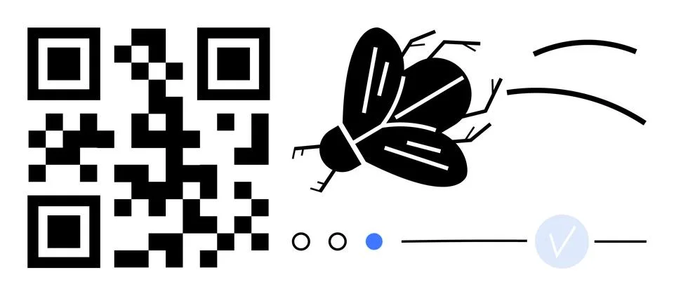 QR code, stylized fly, progress indicators, and verification mark create a cl Stock Illustration