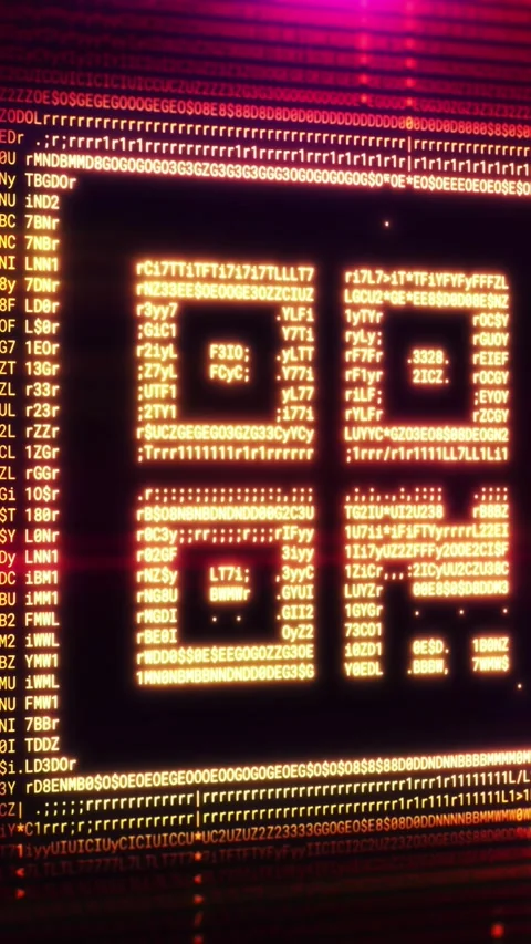 QR code symbol emerging from futuristic data stream on computer screen Stock Footage 343789934