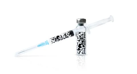 QR code in syringe and in bottle. medical concept. isolated on white background Stock Photos