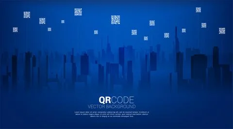 QR code technology with city background. Concept for e-commerce and retail sh Stock Illustration