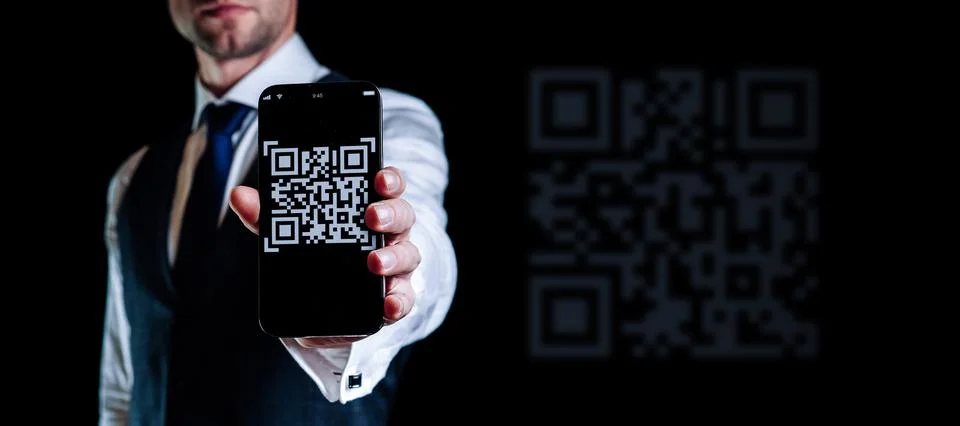 Qr code technology. Mobile smartphone screen for payment, online pay, scan ba Stock Photos