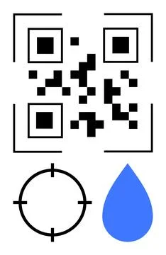 QR code at top, targeting symbol in the middle, blue water droplet at bottom. Stock-Illustration