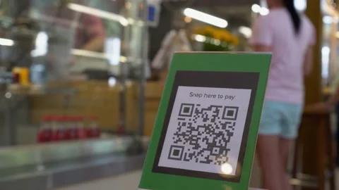 QR code touch-free payment display in the restaurant Stock Footage 151638516