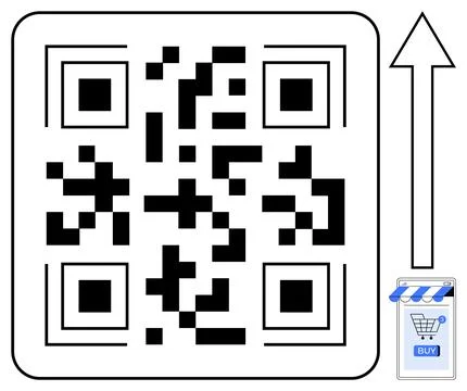 QR Code with Upward Arrow and Shopping Cart Icon for Online Shopping Promotio Stock Illustration