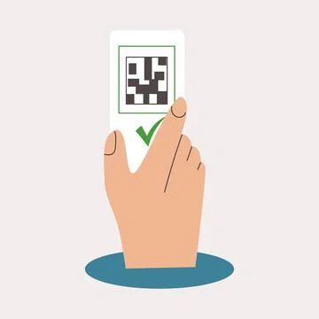 QR code vaccine certificate or hand holding smartphone with green certificate Stock Illustration