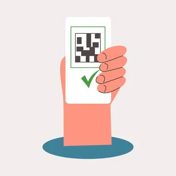 QR code vaccine certificate or hand holding smartphone with green certificate Stock Illustration