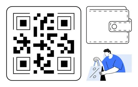 QR code, wallet icon, and person holding shopping bags in blue shirt. Ideal f Stock Illustration