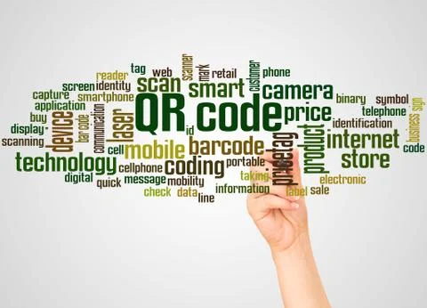 QR code word cloud and hand with marker concept Stock Illustration
