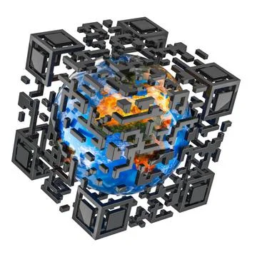 QR-Code-Würfel mit Erdkugel im Inneren, 3D-Rendering QR code cube with Ear.. 스톡 사진