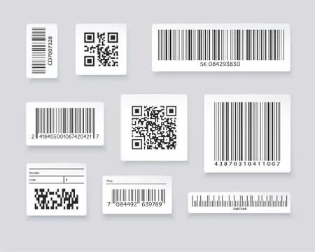 QR codes and barcode labels. Supermarket scan code bars, industrial barcode Stock-Illustration