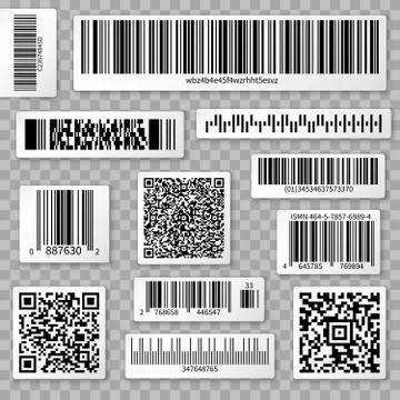 QR codes, bar and packaging labels isolated on transparent background Illustrazione stock