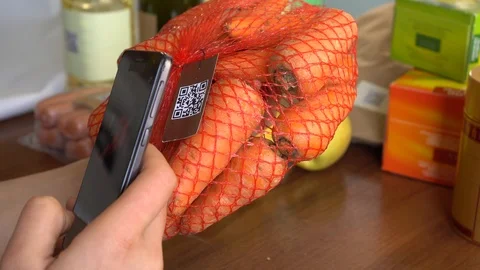 QR Codes for Produce Labeling. Scan app Stock Footage 107076325