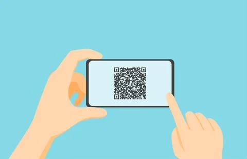 QR Illustration code scan, hands hold the phone with the code on the screen. Can Illustrazione stock