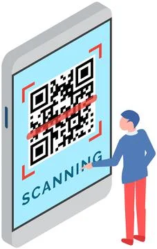 QR wireless payment. Man stands with smartphone and scanning barcode with mobile Stock Illustration