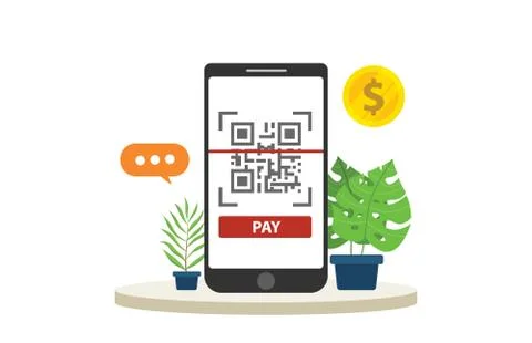Qrcode mobile payment technology isolated with big smartphone focus and gold  Stock Illustration