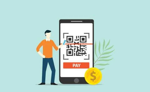 Qrcode online payment technology scan with business man standing side of big  Stock Illustration