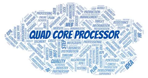 Quad Core Processor typography word cloud create with the text only. Illustrazione stock