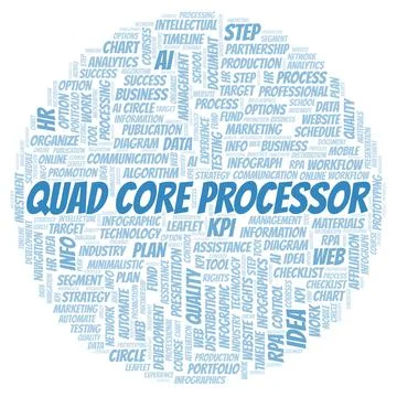 Quad Core Processor typography word cloud create with the text only. Illustrazione stock