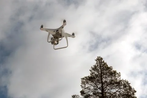 Quadcopter on the background of forest and clouds. Stock Photos