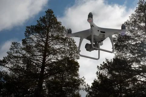Quadcopter on the background of forest and clouds. Stock Photos