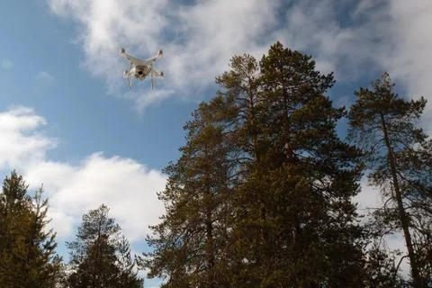 Quadcopter on the background of forest and clouds. Stock Photos