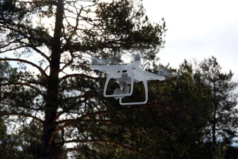Quadcopter on the background of forest and clouds. Stock Photos