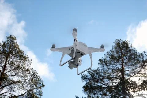 Quadcopter on the background of forest and clouds. Stock Photos