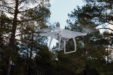 Quadcopter on the background of forest and clouds. Stock Photos