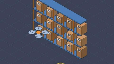 Quadcopter checking labeled boxes on tall racks on a dark floor vector illu.. Stockillustratie
