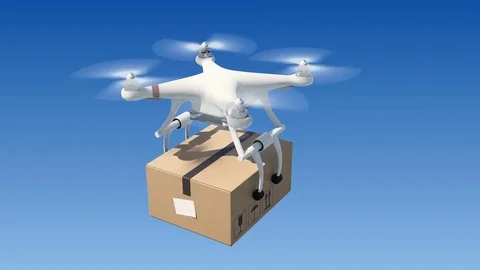 Quadcopter Delivering a Package in Blue Sky. Seamless 3d Animation with Green Stock Footage 81737223