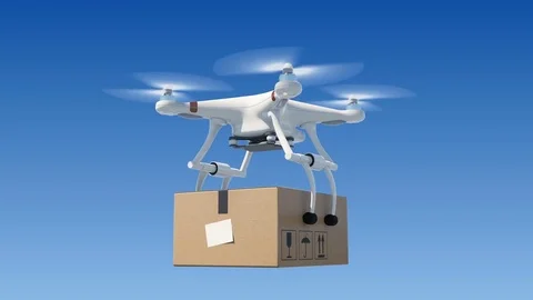 Quadcopter Delivering a Package in Blue Sky. Looped 3d Animation with Green Stock Footage 81772722