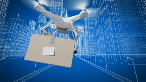 Quadcopter Delivering Package Flying Through the City Street Among High Towers Stock Footage 91034199
