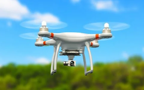 Quadcopter drone with 4K video camera flying in the air Stock Illustration