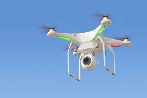 Quadcopter drone with camera in blue sky Stock Illustration