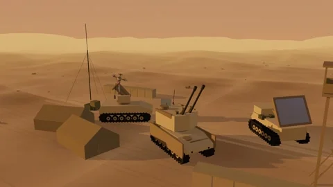 Quadcopter drone diving into an air defence battery desert base at golde 스톡 동영상 342323833