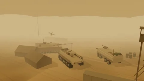 Quadcopter drone diving into armoured vehicles desert base in a sandstor 스톡 동영상 342323712