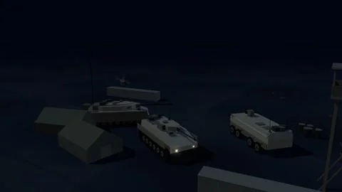 Quadcopter drone diving into armoured vehicles desert base at night 库存影片 342324144