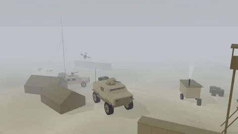 Quadcopter drone diving into a forward camp coastal base in sea fog Stock Footage 342323985