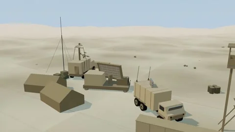 Quadcopter drone diving into a radar site desert base in daylight 스톡 동영상 342323710