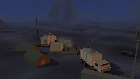 Quadcopter drone diving into a radar site rocky outpost at dusk 스톡 동영상 342324003