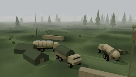 Quadcopter drone diving into a supply depot forest base under overcast s Video stock 342323944
