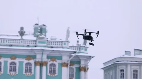 Quadcopter drone flies over the Palace square in St. Petersburg, The State Hermi Stock Footage 101835279