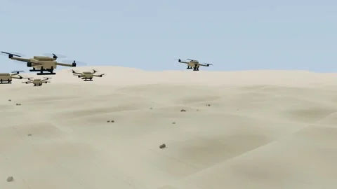Quadcopter drone formation over desert Stock Footage 341486802