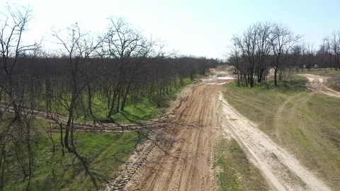 The quadcopter flies in front of the ATV through the forest Stock Footage 159474287