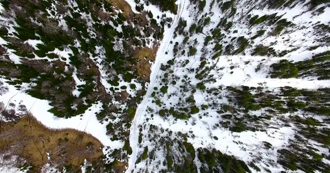 Quadcopter flies over the forest. Snow, early spring Stock Footage 77090195