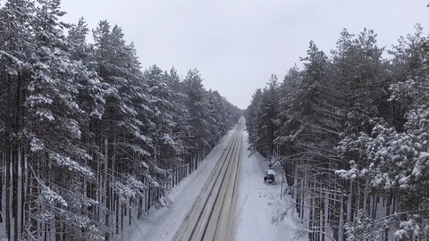 The quadcopter flies over the road in the forest, between the pines Stock Footage 103230733